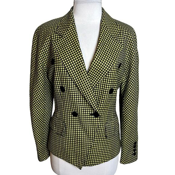 Vintage Escada double breasted wool cashmere check blazer yellow black Sz 36 - Picture 1 of 5